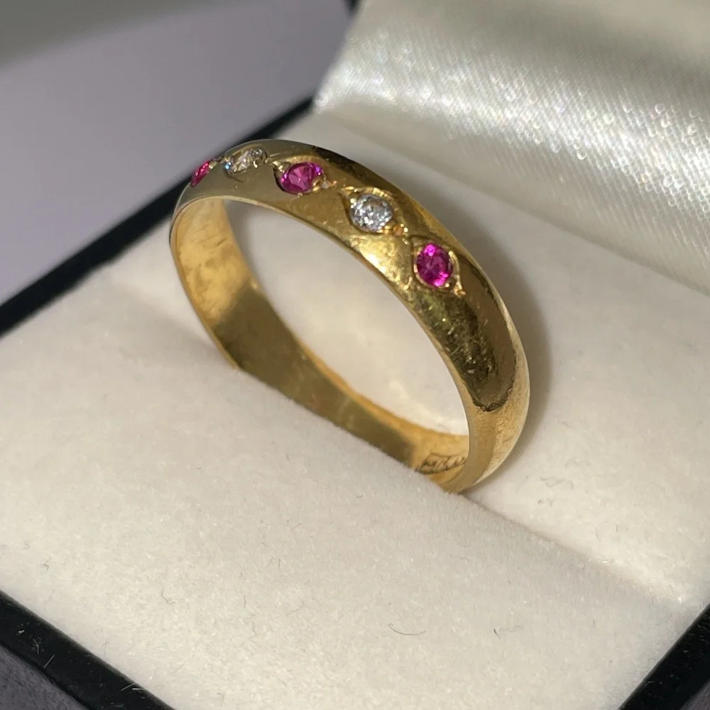 Antique ERNST Solid 14K Yellow Gold Synthetic Ruby Faux Diamond Unisex Band Ring